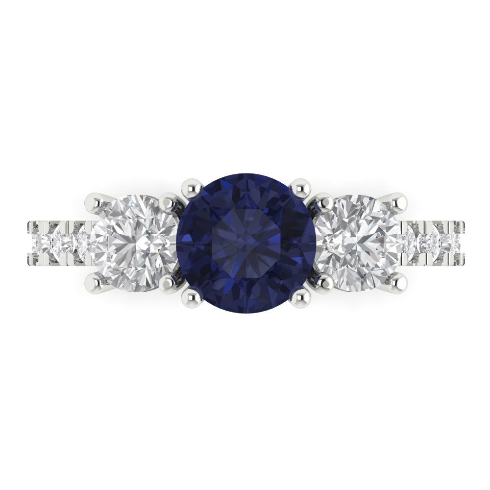 1.97 cttw Simulated Blue Sapphire Three-Stone Engagement Ring - Solid Gold (Round Cut,6.5mm)