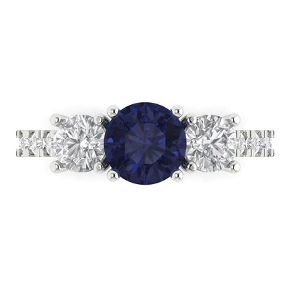 1.97 cttw Simulated Blue Sapphire Three-Stone Engagement Ring - Solid Gold (Round Cut,6.5mm)