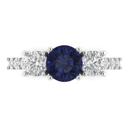 1.97 cttw Simulated Blue Sapphire Three-Stone Engagement Ring - Solid White Gold (VVS1, Round Cut,6.5mm)