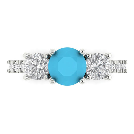 1.97 cttw Simulated Turquoise Three-Stone Engagement Ring - Solid White Gold (VVS1, Round Cut,6.5mm)