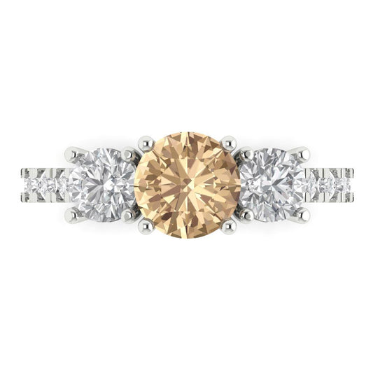 1.97 cttw Yellow Moissanite Three-Stone Engagement Ring - Solid White Gold (VVS1, Round Cut,6.5mm)