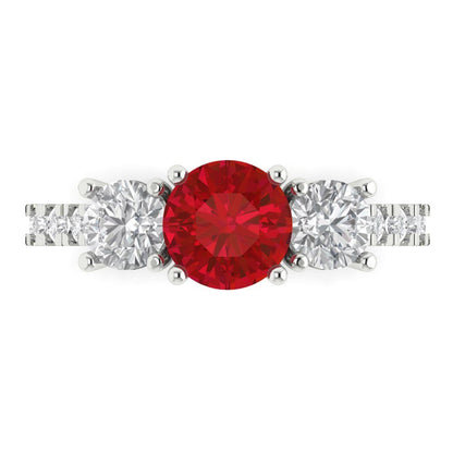 1.97 cttw Simulated Ruby Three-Stone Engagement Ring - Solid Gold (Round Cut,6.5mm)