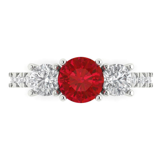 1.97 cttw Simulated Ruby Three-Stone Engagement Ring - Solid White Gold (VVS1, Round Cut,6.5mm)