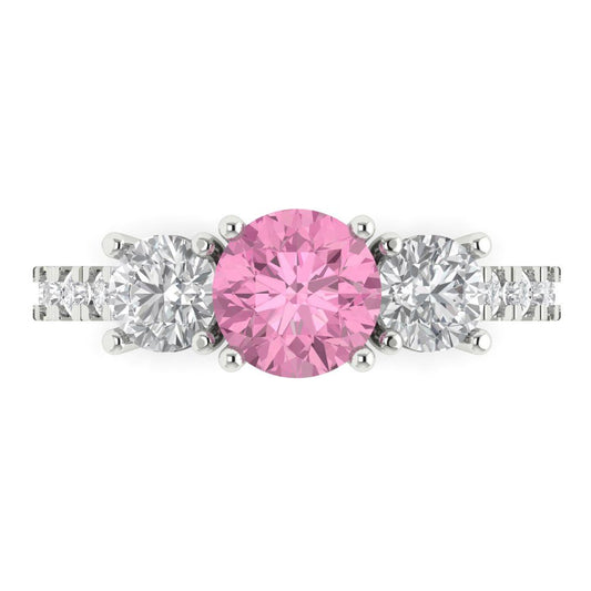 1.97 cttw Zirconia Simulated Pink Diamond Three-Stone Engagement Ring - Solid White Gold (VVS1, Round Cut,6.5mm)