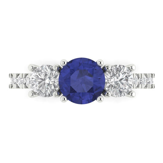 1.97 cttw Simulated Tanzanite Three-Stone Engagement Ring - Solid White Gold (VVS1, Round Cut,6.5mm)