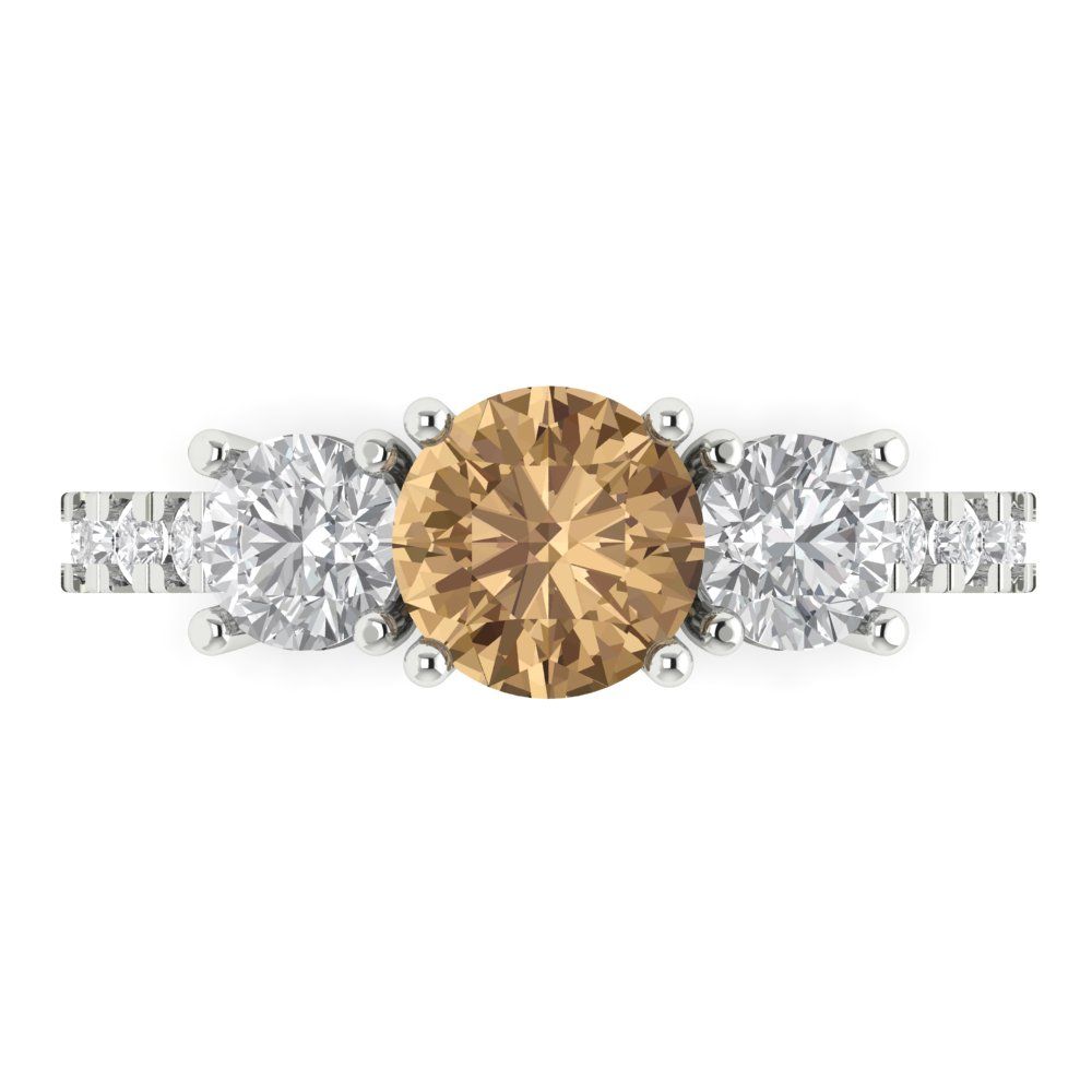 1.97 cttw Zirconia Simulated Champagne Diamond Three-Stone Engagement Ring - Solid Gold (VVS1, Round Cut,6.5mm)