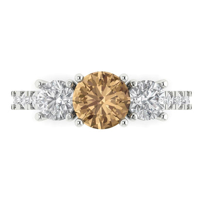 1.97 cttw Zirconia Simulated Champagne Diamond Three-Stone Engagement Ring - Solid Gold (VVS1, Round Cut,6.5mm)