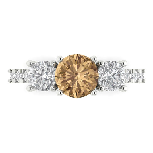 1.97 cttw Zirconia Simulated Champagne Diamond Three-Stone Engagement Ring - Solid White Gold (VVS1, Round Cut,6.5mm)
