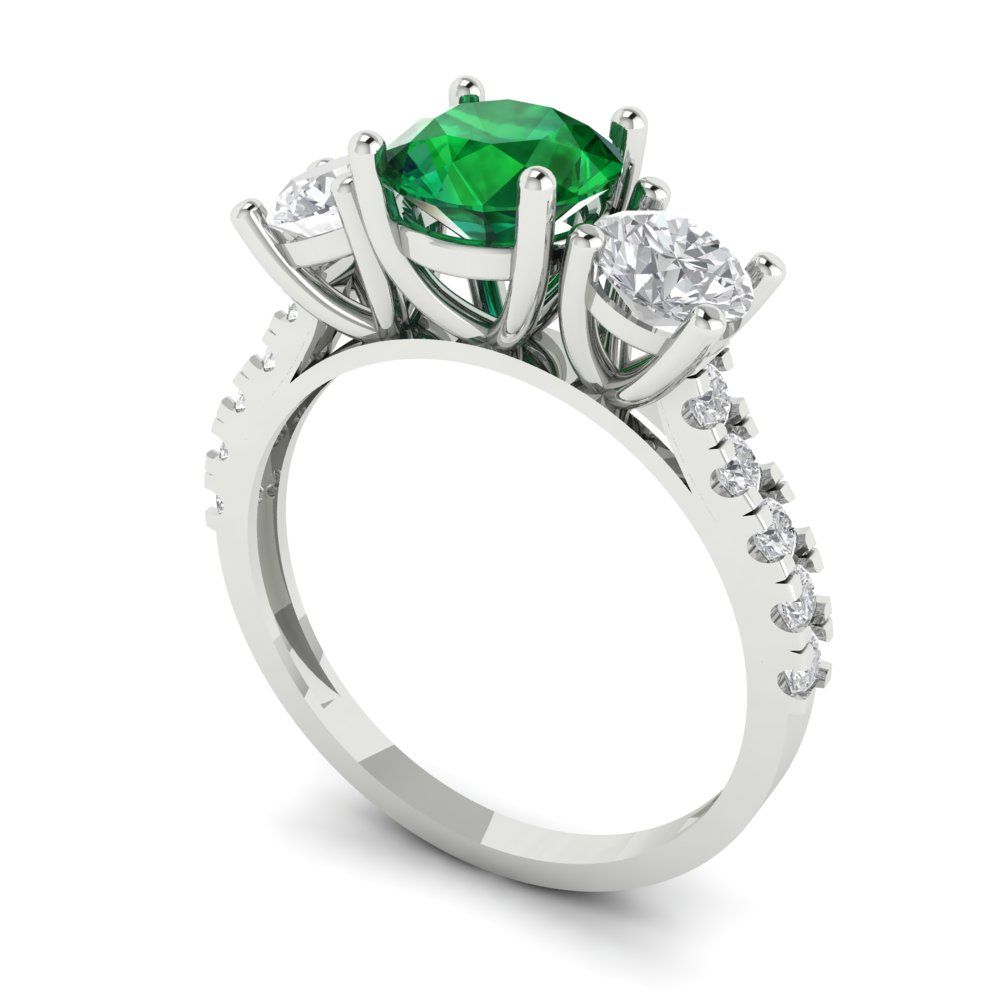 1.97 cttw Simulated Emerald Three-Stone Engagement Ring - Solid Gold (Round Cut,6.5mm)