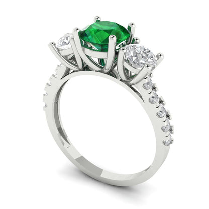 1.97 cttw Simulated Emerald Three-Stone Engagement Ring - Solid Gold (Round Cut,6.5mm)
