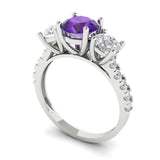 2 ct Brilliant Round Cut Natural Amethyst Stone White Gold Solitaire with Accents Three-Stone Ring