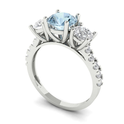1.97 cttw Natural Aquamarine Three-Stone Engagement Ring - Solid Gold (Round Cut,6.5mm)