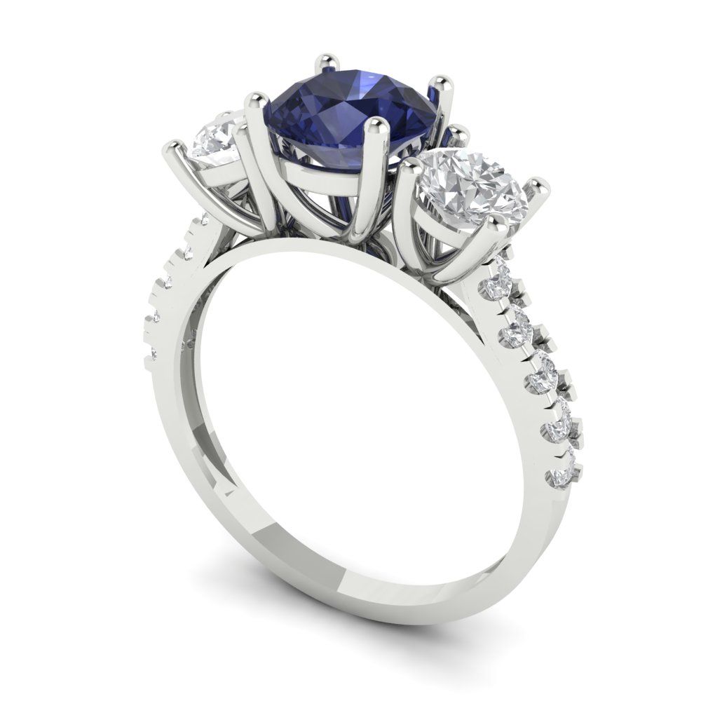 1.97 cttw Simulated Blue Sapphire Three-Stone Engagement Ring - Solid Gold (Round Cut,6.5mm)