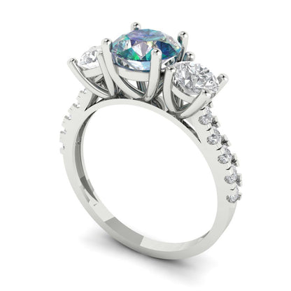 1.97 cttw Blue Moissanite Three-Stone Engagement Ring - Solid Gold (Round Cut,6.5mm)