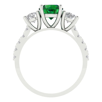1.97 cttw Simulated Emerald Three-Stone Engagement Ring - Solid Gold (Round Cut,6.5mm)