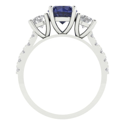 1.97 cttw Simulated Blue Sapphire Three-Stone Engagement Ring - Solid Gold (Round Cut,6.5mm)
