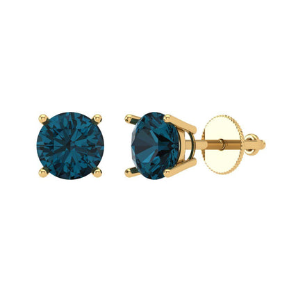1.5 ctw London Blue Topaz Studs Earrings | 6mm Round Cut White Gold Screw back | December Birthstone
