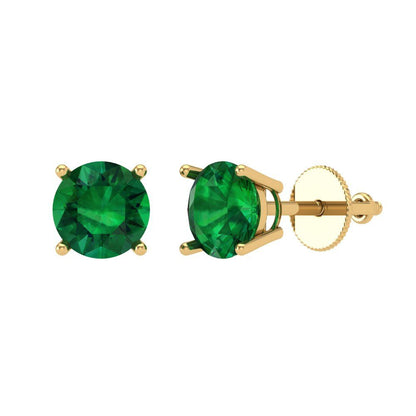 1.5 ctw Emerald Studs Earrings | 6mm Round Cut White Gold Screw back | May Birthstone