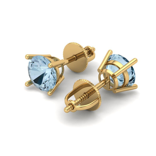 1.5 ct Brilliant Round Cut Solitaire Studs Natural Sky Blue Topaz Stone Yellow Gold Earrings Screw back