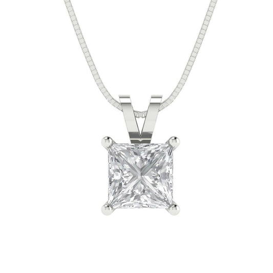 1 tcw Necklace Pendant - 14K White Gold Princess Cut Solitaire  Zirconia Diamond - Adjustable Length - 15in Box Chain to 18in