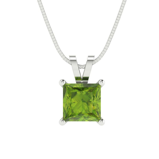 1 tcw Necklace Pendant - 14K White Gold Princess Cut Solitaire  Peridot - Adjustable Length - 15in Box Chain to 18in