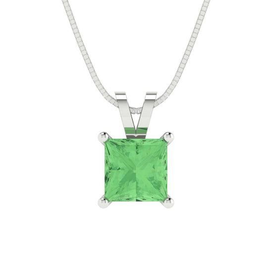 1 tcw Necklace Pendant - 14K White Gold Princess Cut Solitaire  Green - Adjustable Length - 15in Box Chain to 18in