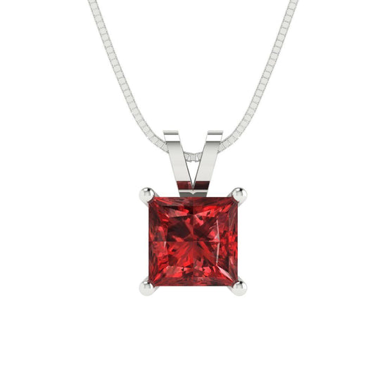1 tcw Necklace Pendant - 14K White Gold Princess Cut Solitaire  Garnet - Adjustable Length - 15in Box Chain to 18in