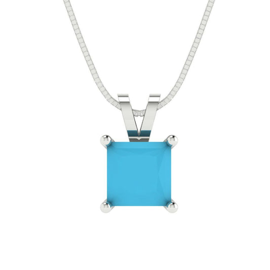 1 tcw Necklace Pendant - 14K White Gold Princess Cut Solitaire  Turquoise - Adjustable Length - 15in Box Chain to 18in