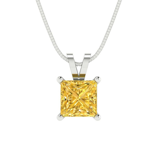 1 tcw Necklace Pendant - 14K White Gold Princess Cut Solitaire  Yellow - Adjustable Length - 15in Box Chain to 18in