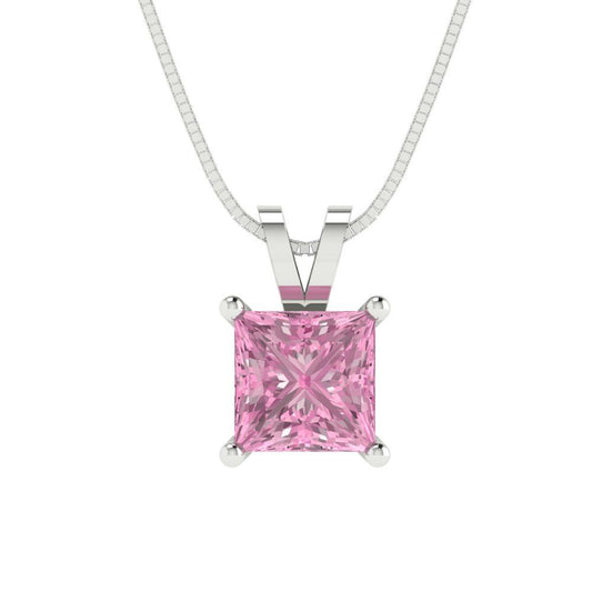 1 tcw Necklace Pendant - 14K White Gold Princess Cut Solitaire  Pink - Adjustable Length - 15in Box Chain to 18in