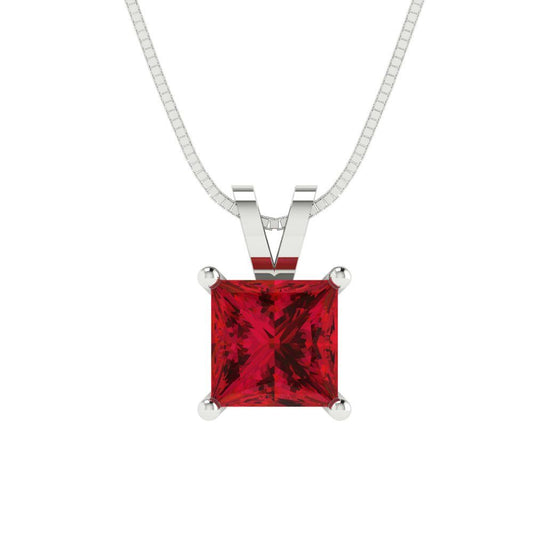 1 tcw Necklace Pendant - 14K White Gold Princess Cut Solitaire  Ruby - Adjustable Length - 15in Box Chain to 18in