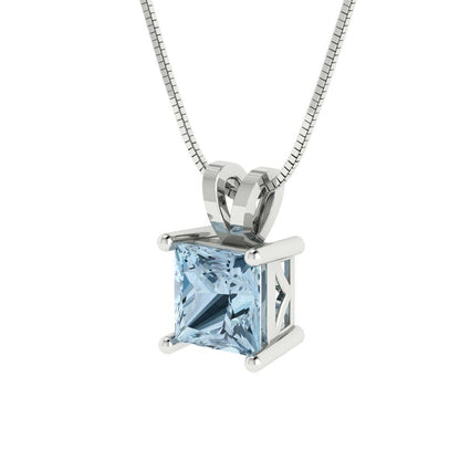 1 tcw Necklace Pendant - 14K White Gold Princess Cut Solitaire  Sky Blue Topaz - Adjustable Length - 15in Box Chain to 18in