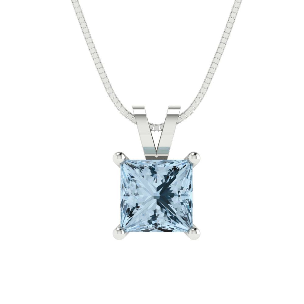 1 tcw Necklace Pendant - 14K White Gold Princess Cut Solitaire  Aquamarine - Adjustable Length - 15in Box Chain to 18in