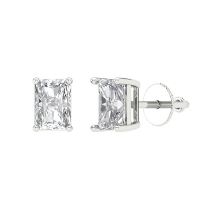 1 ctw White Sapphire Studs Earrings | 6x4mm Emerald Cut White Gold Screw back | April Birthstone
