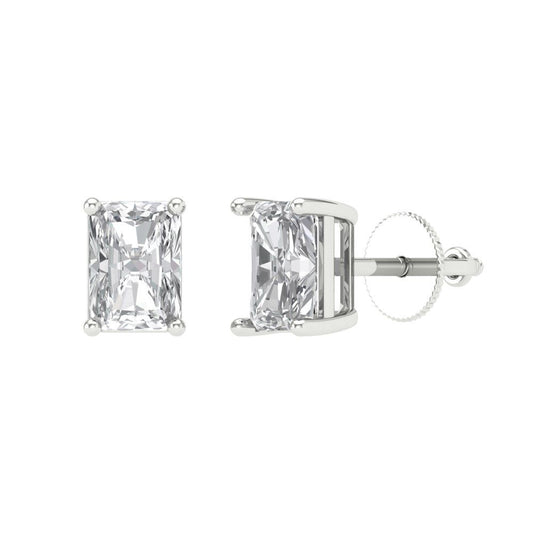 1 ctw White Sapphire Studs Earrings | 6x4mm Emerald Cut White Gold Screw back | April Birthstone