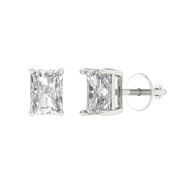 1 ctw White Sapphire Studs Earrings | 6x4mm Emerald Cut White Gold Screw back | April Birthstone