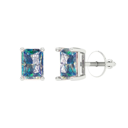 1 ctw Blue Moissanite Studs Earrings | 6x4mm Emerald Cut White Gold Screw back | April Birthstone