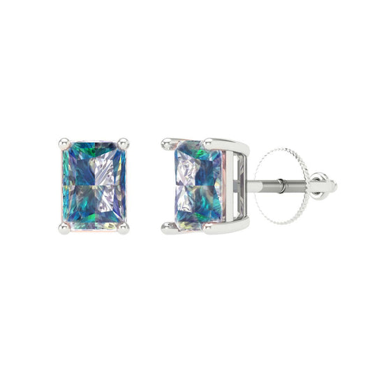 1 ctw Blue Moissanite Studs Earrings | 6x4mm Emerald Cut White Gold Screw back | April Birthstone