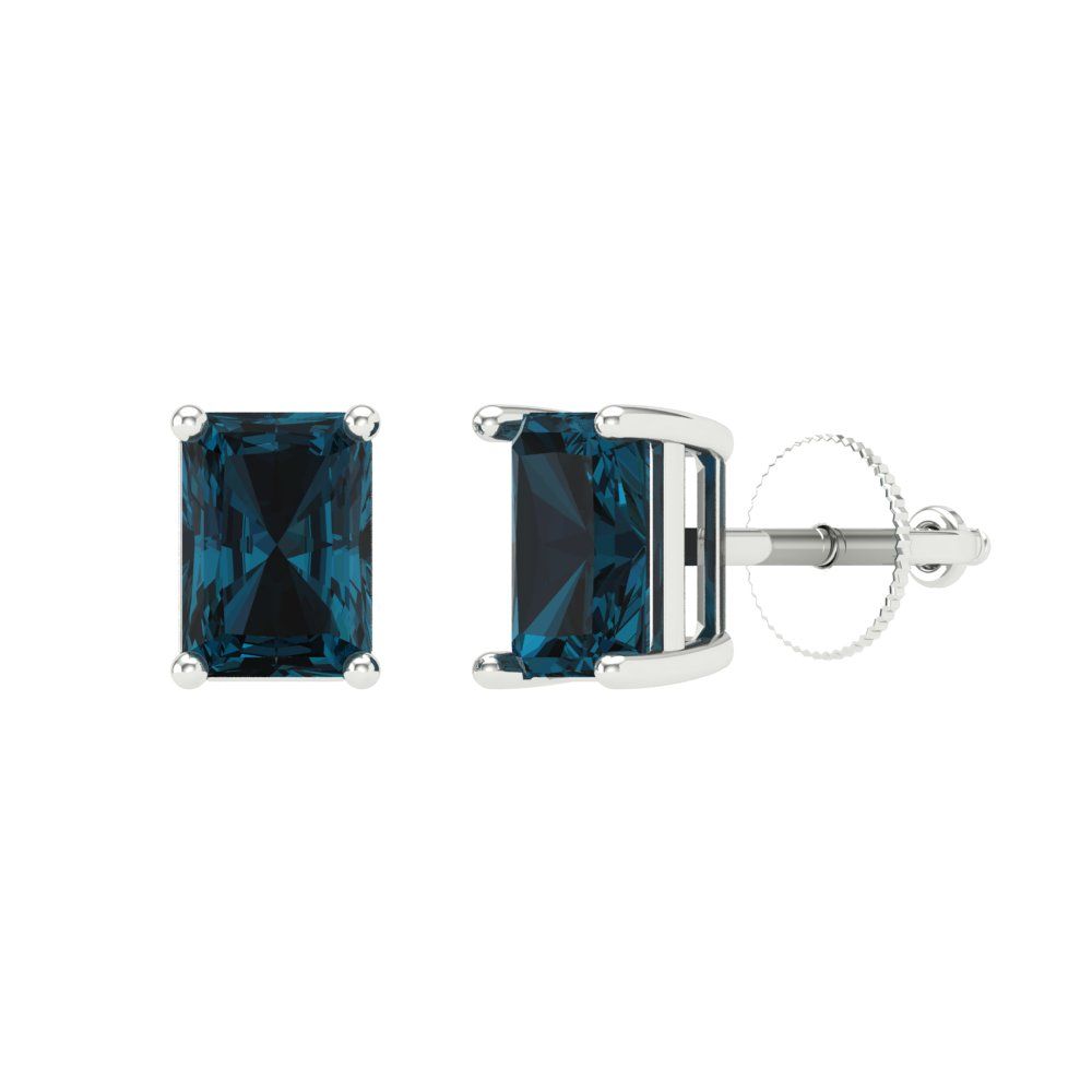 1 ctw London Blue Topaz Studs Earrings | 6x4mm Emerald Cut White Gold Screw back | December Birthstone
