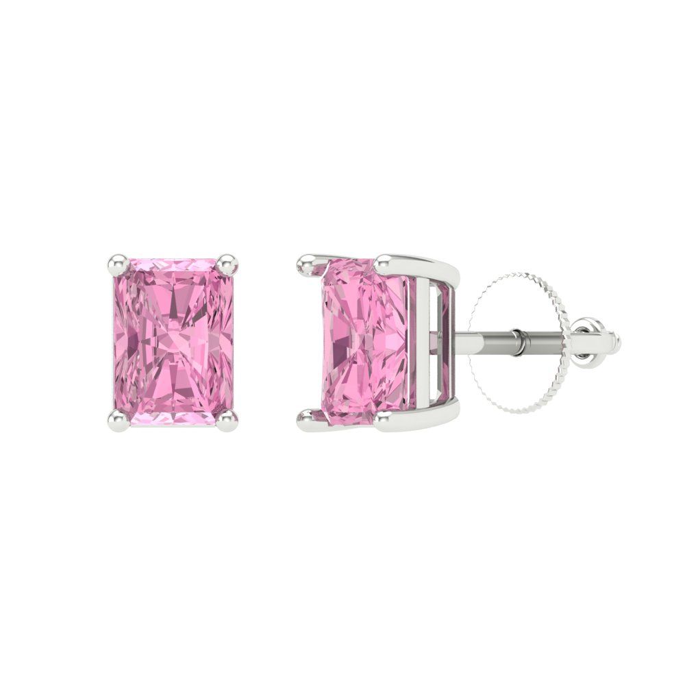 1 ctw Pink Zirconia Studs Earrings | 6x4mm Emerald Cut White Gold Screw back | April Birthstone