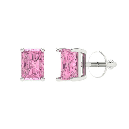 1 ctw Pink Zirconia Studs Earrings | 6x4mm Emerald Cut White Gold Screw back | April Birthstone
