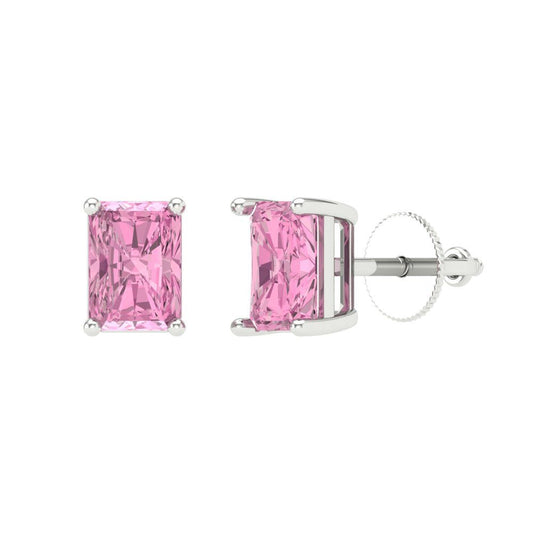 1 ctw Pink Zirconia Studs Earrings | 6x4mm Emerald Cut White Gold Screw back | April Birthstone