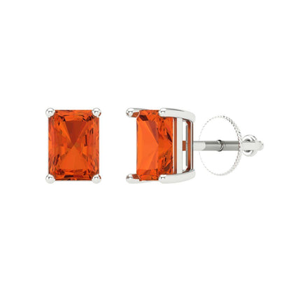 1 ctw Red Zirconia Studs Earrings | 6x4mm Emerald Cut White Gold Screw back | April Birthstone