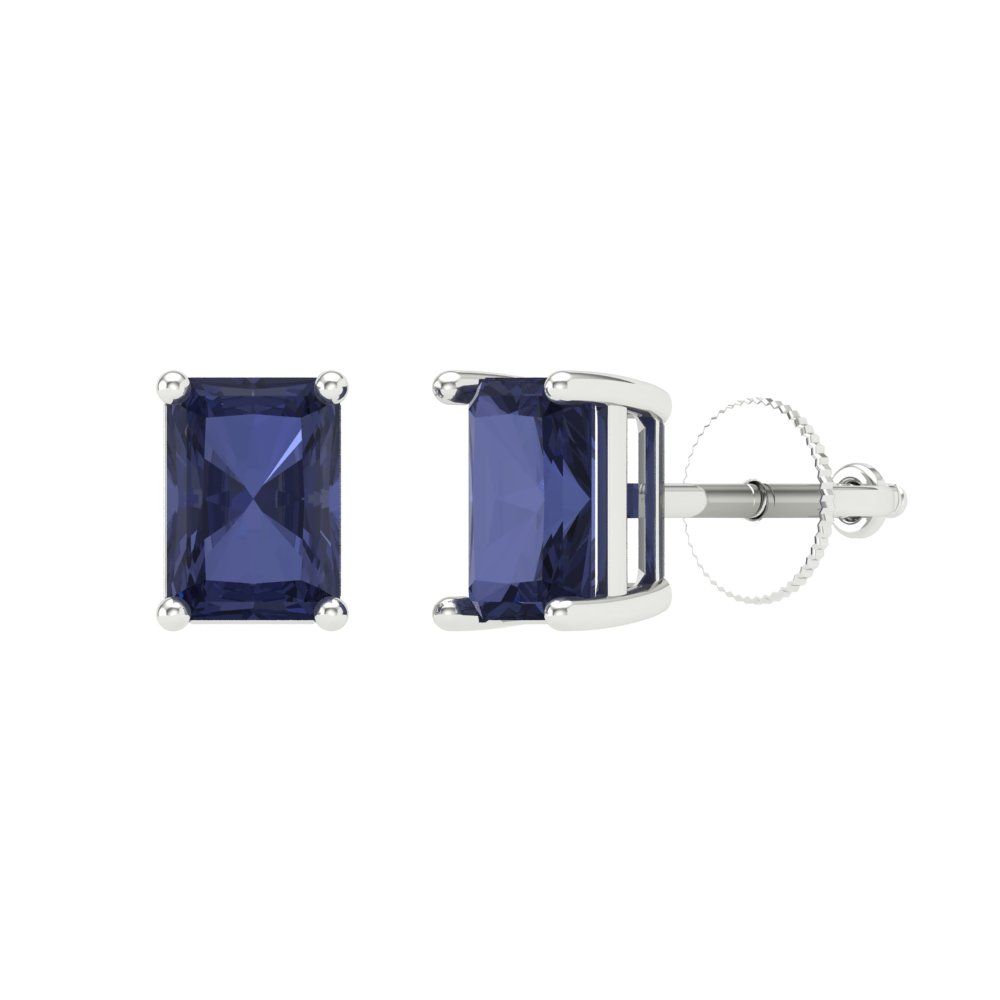 1 ctw Blue Sapphire Studs Earrings | 6x4mm Emerald Cut White Gold Screw back | September Birthstone