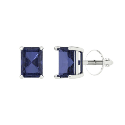 1 ctw Blue Sapphire Studs Earrings | 6x4mm Emerald Cut White Gold Screw back | September Birthstone