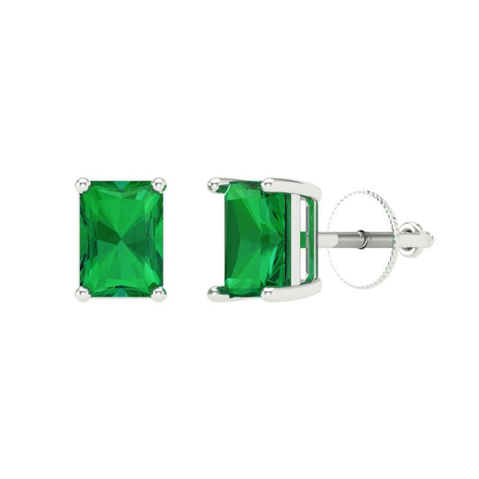 1 ctw Emerald Studs Earrings | 6x4mm Emerald Cut White Gold Screw back | May Birthstone
