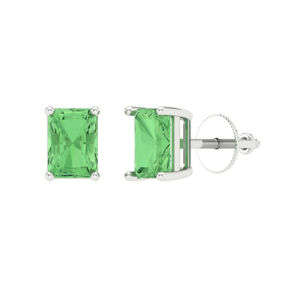 1 ctw Green Zirconia Studs Earrings | 6x4mm Emerald Cut White Gold Screw back | April Birthstone