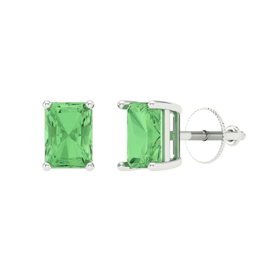 1 ctw Green Zirconia Studs Earrings | 6x4mm Emerald Cut White Gold Screw back | April Birthstone