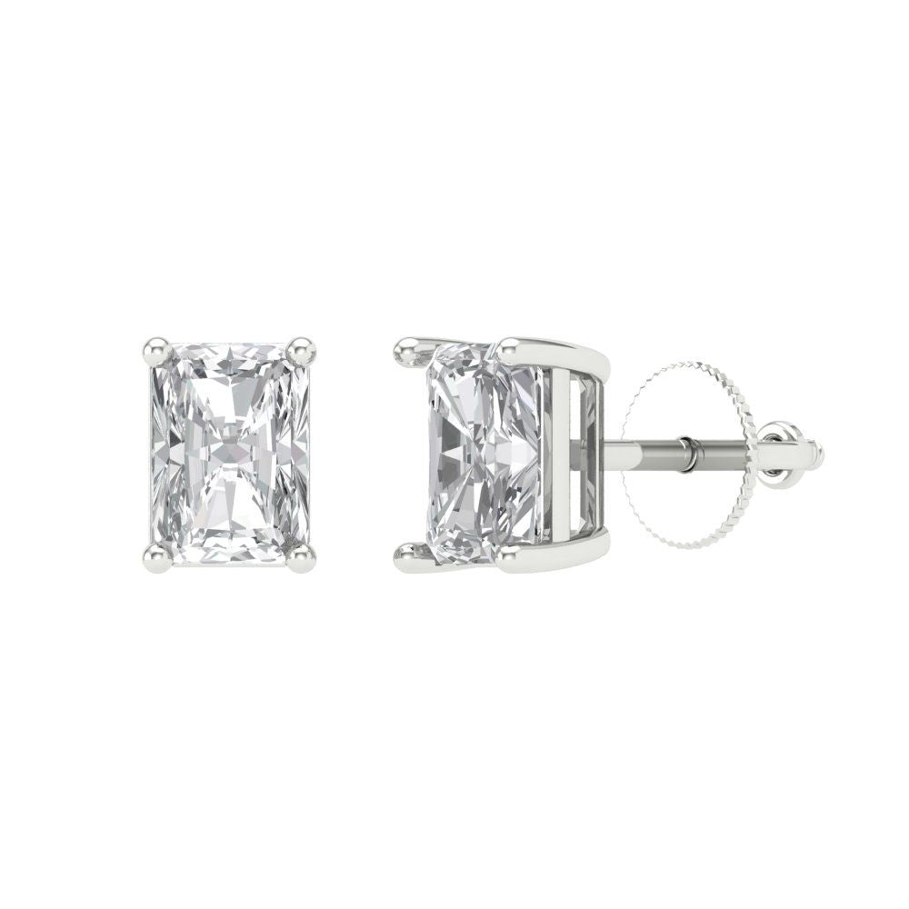 1 ctw Zirconia Diamond Studs Earrings | 6x4mm Emerald Cut White Gold Screw back | April Birthstone