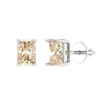 1 ctw Morganite Studs Earrings | 6x4mm Emerald Cut White Gold Screw back | February Birthstone